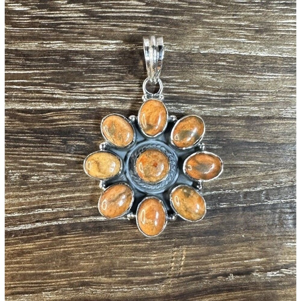 Native Southwest Style Sterling Silver Spiny Oyster Multi Stone Flower Pendant